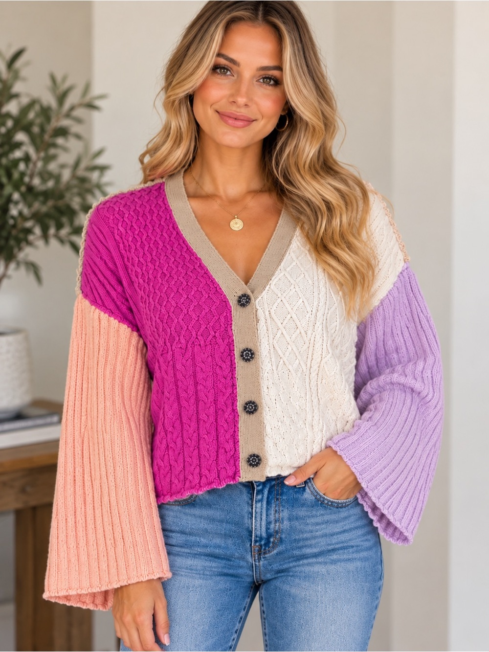 POL Colorblock Cable Knit Cardigan Sweater Pink Lavender Boho Size M EUC